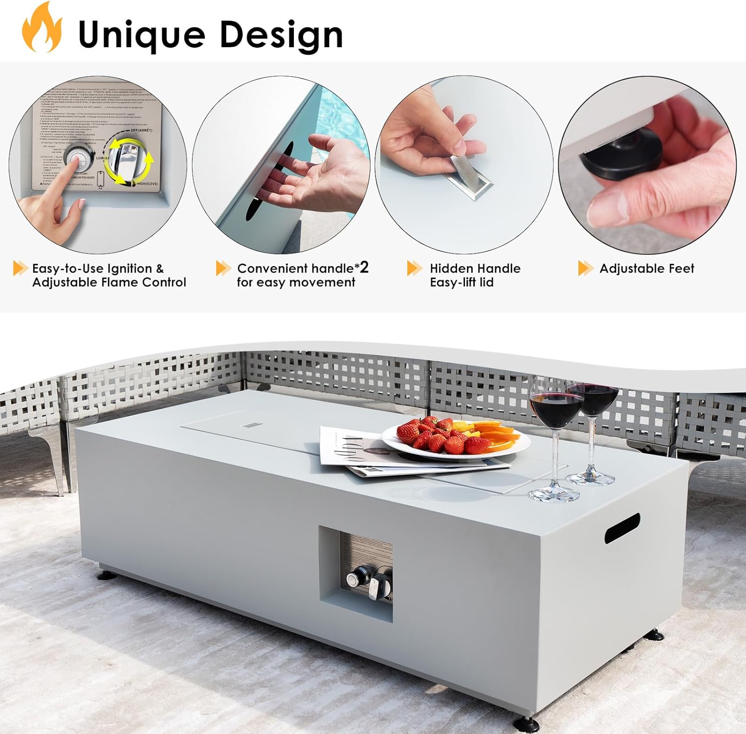 RADIATA 42” Rectangle Propane/Natural Gas Fire Pit for Outside Patio, Elegant Minimalist Lowprofile Firepit Table with Tank Table Long Large, 50000BTU Durable Sturdy Fireplace for Outside, Urban White