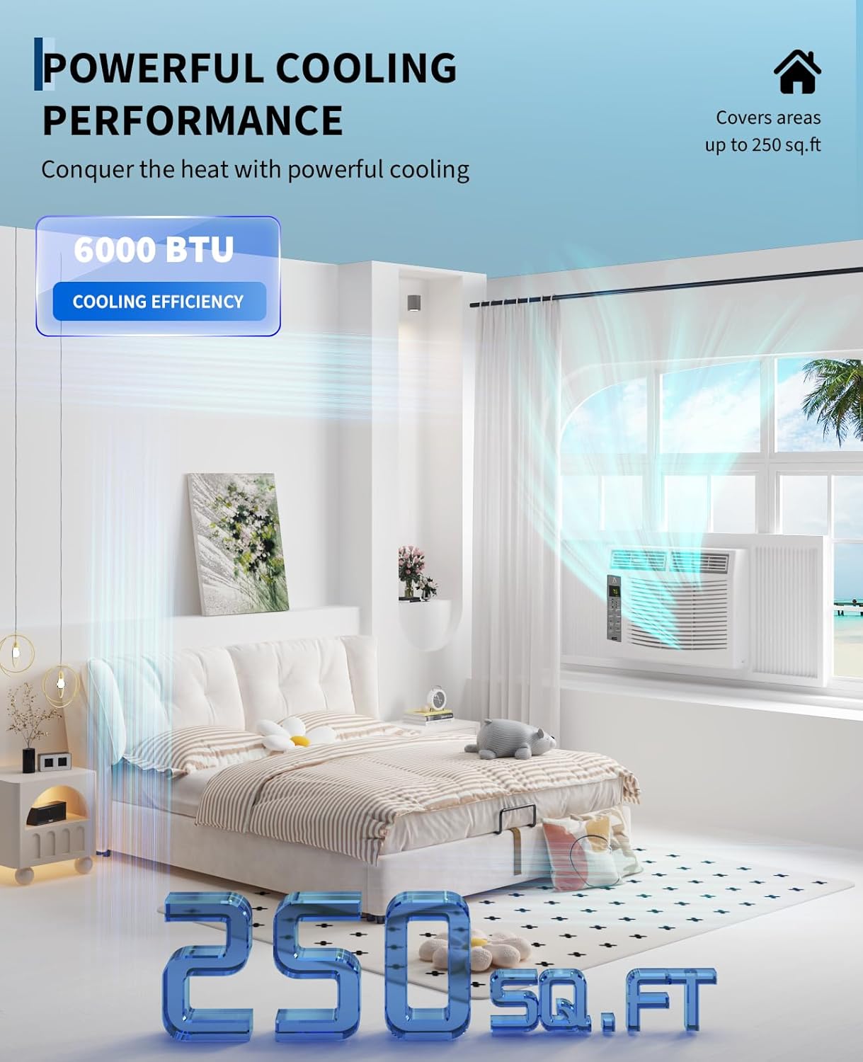 6,000 BTU Window Air Conditioner for Room Up to 250 Sq. Ft, 3 In 1 Quiet Window AC Unit with Cool, Fan, Dry Modes, Smart WIFI Control & Easy Install for Bedrooms, Apartments, Dorms