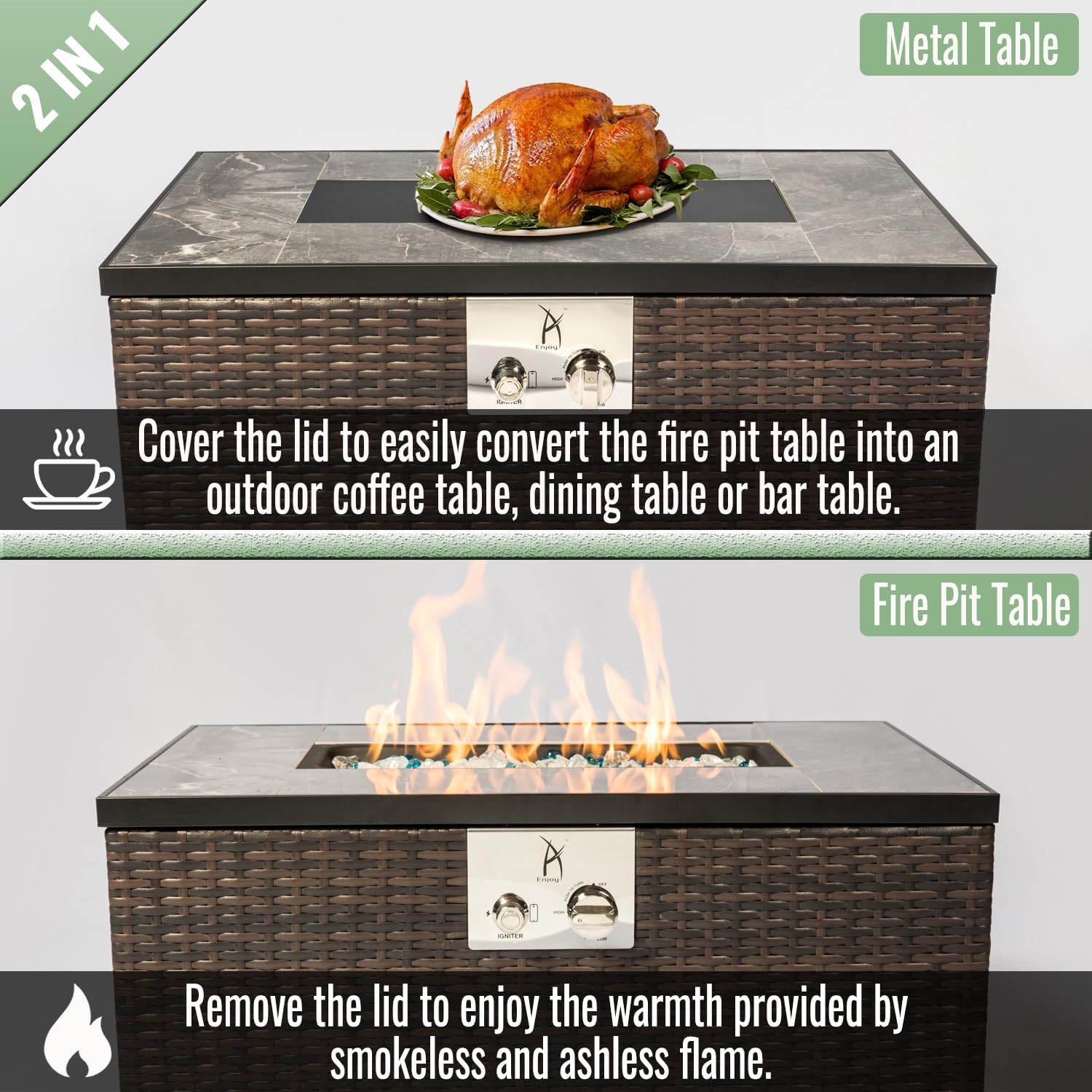 Outdoor Propane Fire Pit Table, 32L x 20W x 15H inches, 50,000 BTU, Brown Wicker Base with Ceramic Tile Top
