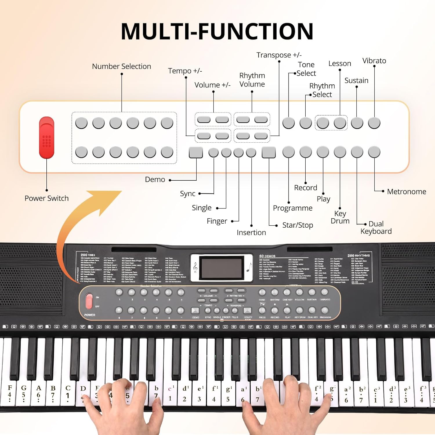 RIVVTA 61 Key Keyboard Piano with Stand for Beginners Portable Electronic Keyboard Piano Kit with 200 Tone 200 Rhythm 60 Demo Microphone Power Supply Sheet Music Stand Black(REK-10)
