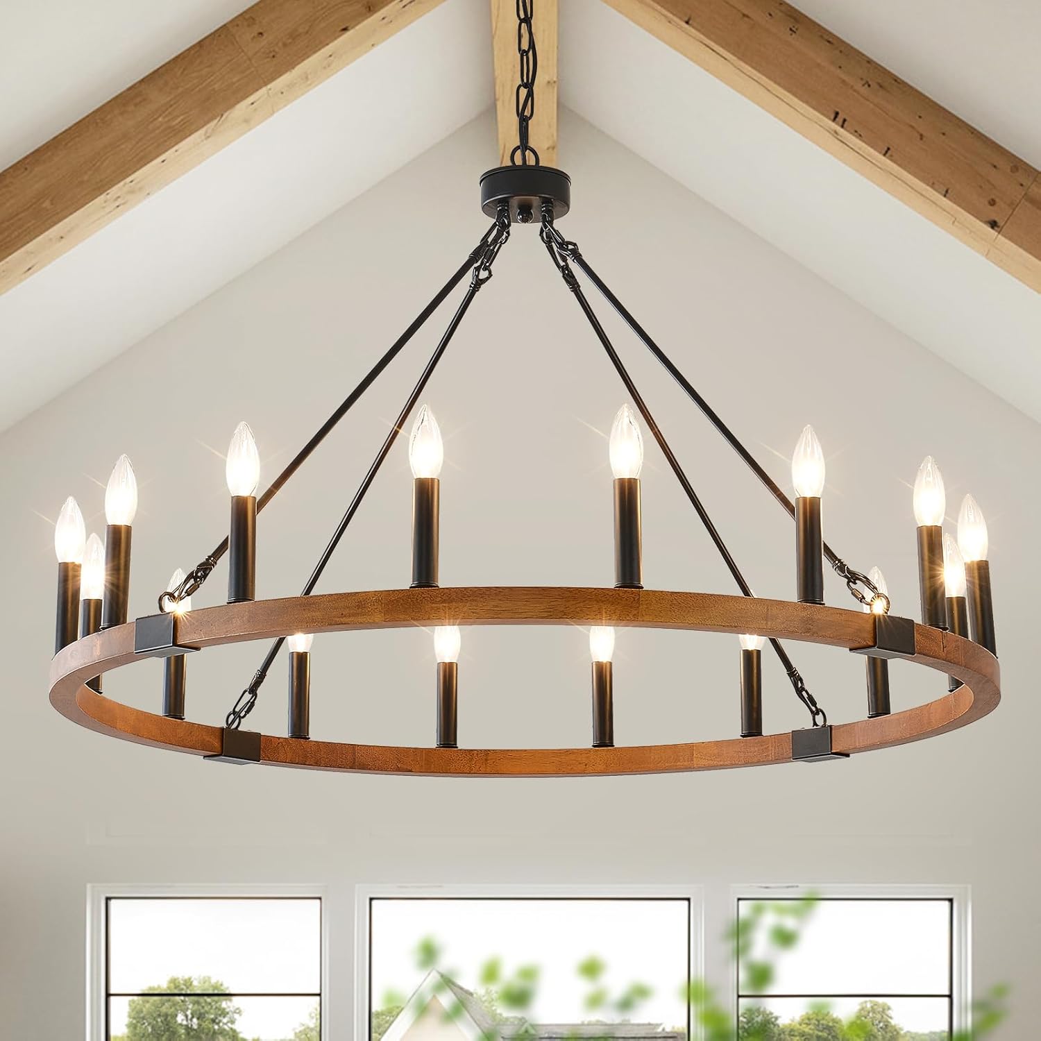 HHR 40 Inch Solid Wood Wagon Wheel Chandelier, 16-Light Farmhouse Chandelier for Dining Room, Modern Chandeliers for Foyer, Kitchen Island, Living Room, Entryway, E12