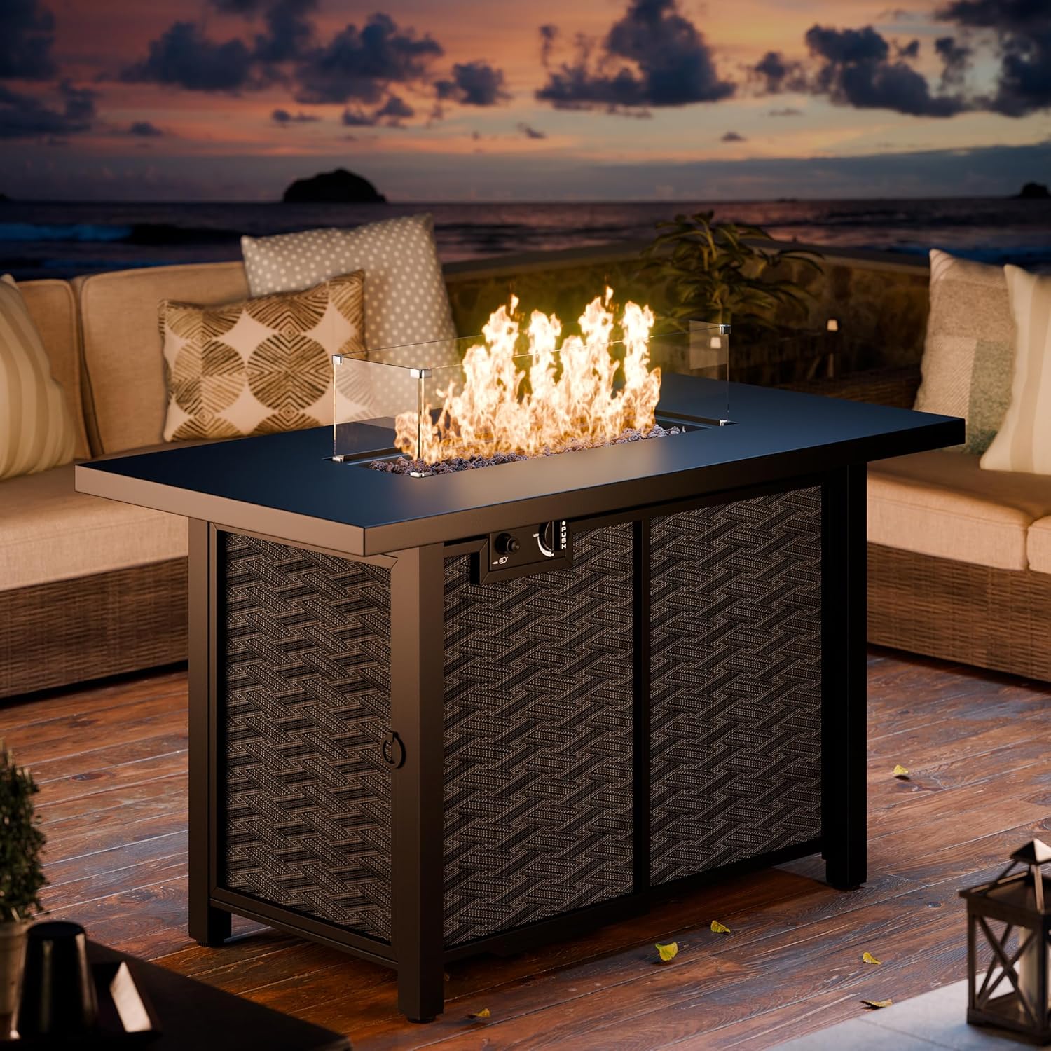 Meilocar Propane Fire Table, 43 in Outdoor Fire Pit Table with Lava Rocks, 50,000 BTU Rectangular Fire Table with Lid and Rain Cover, 2-in-1 Firepit Table for Patio, Backyard, Balcony