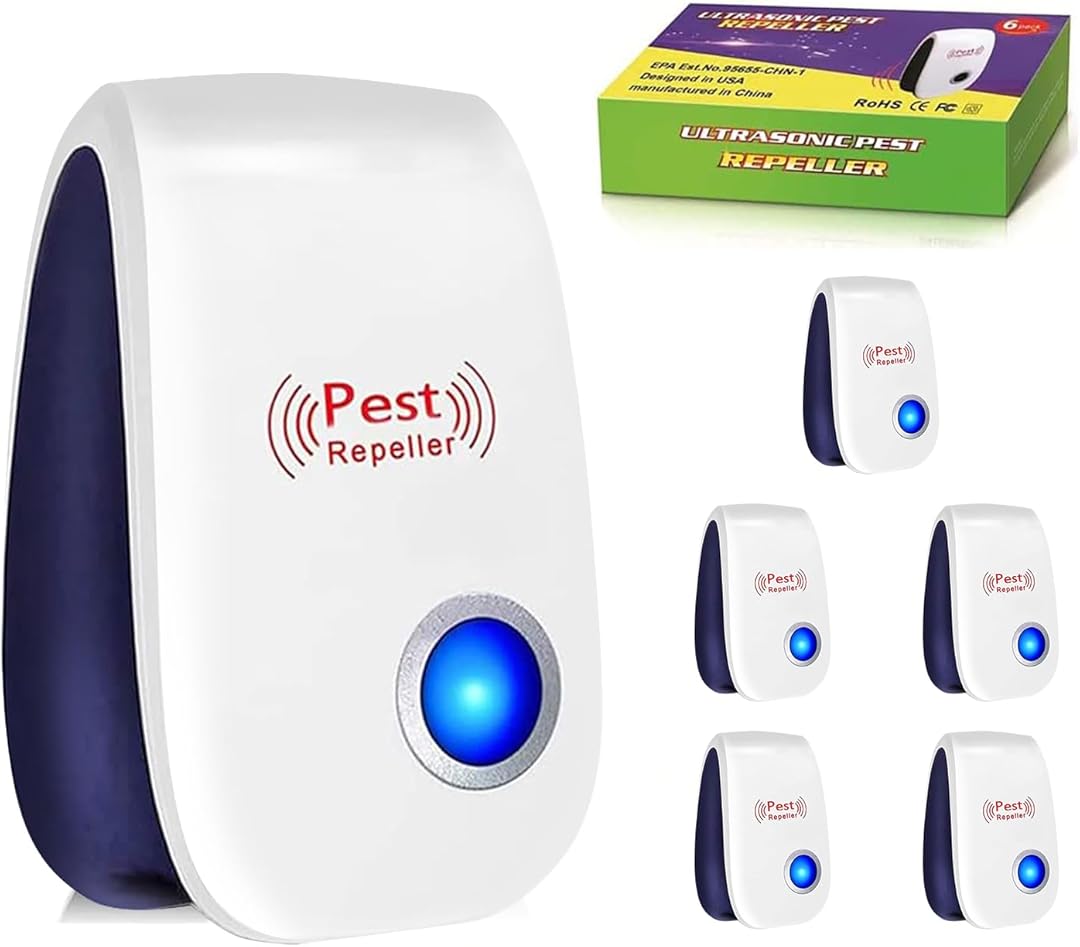 Ghislaine Ultrasonic Pest Repeller 6 Pack, Pest Repellent Ultrasonic Plug in for Mouse, Ant,Rodent, Roach, Bugs, Spider Pest Control for House, Garage, Warehouse, ROU-T05