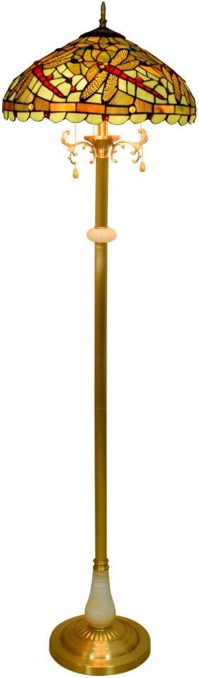 16-Inch Tiffany-Style European High-Grade Green Dragonfly Lampshade Glass Floor Lamp Pure Copper Vertical Readlamp for Study Bedroom Room Decoration