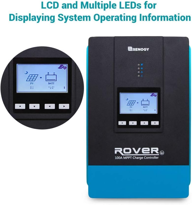 Rover 100A MPPT Solar Charge Controller - DC Input Solar Controller for RV/Marine, Auto-Detect 12V/24V/36V/48V, LCD Display Solar Regulator fit for Gel, Sealed, Flooded and Lithium Battery