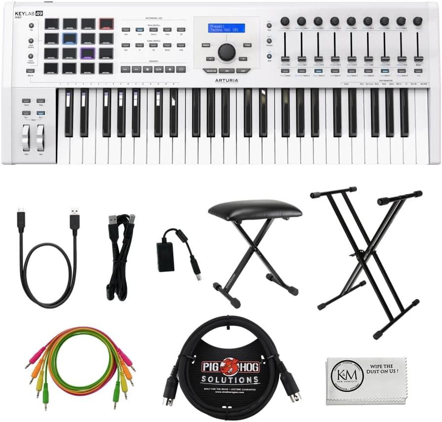 Arturia KeyLab 49 MkII Professional MIDI Controller and Software | White Bundled with Patch Cables |4pk + MIDI Cable + Cleaning Cloth + Keyboard Stand + Bench (6 Items)