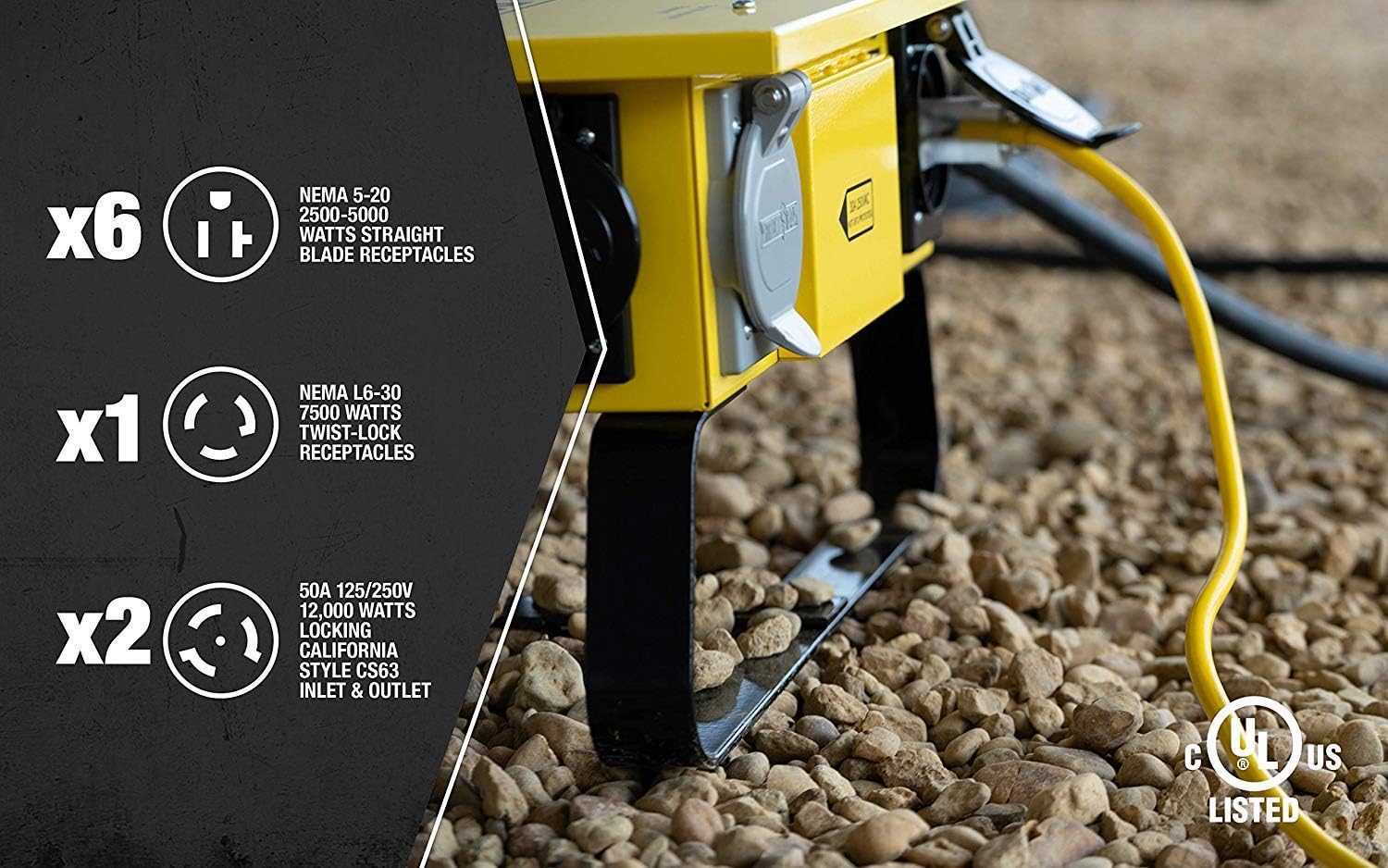 Southwire Temporary Power X-Treme Box - 50A 125/250V Portable Power Distribution with 6 5-20 U-Ground/Straight Blade Receptacles - Rugged Steel Construction