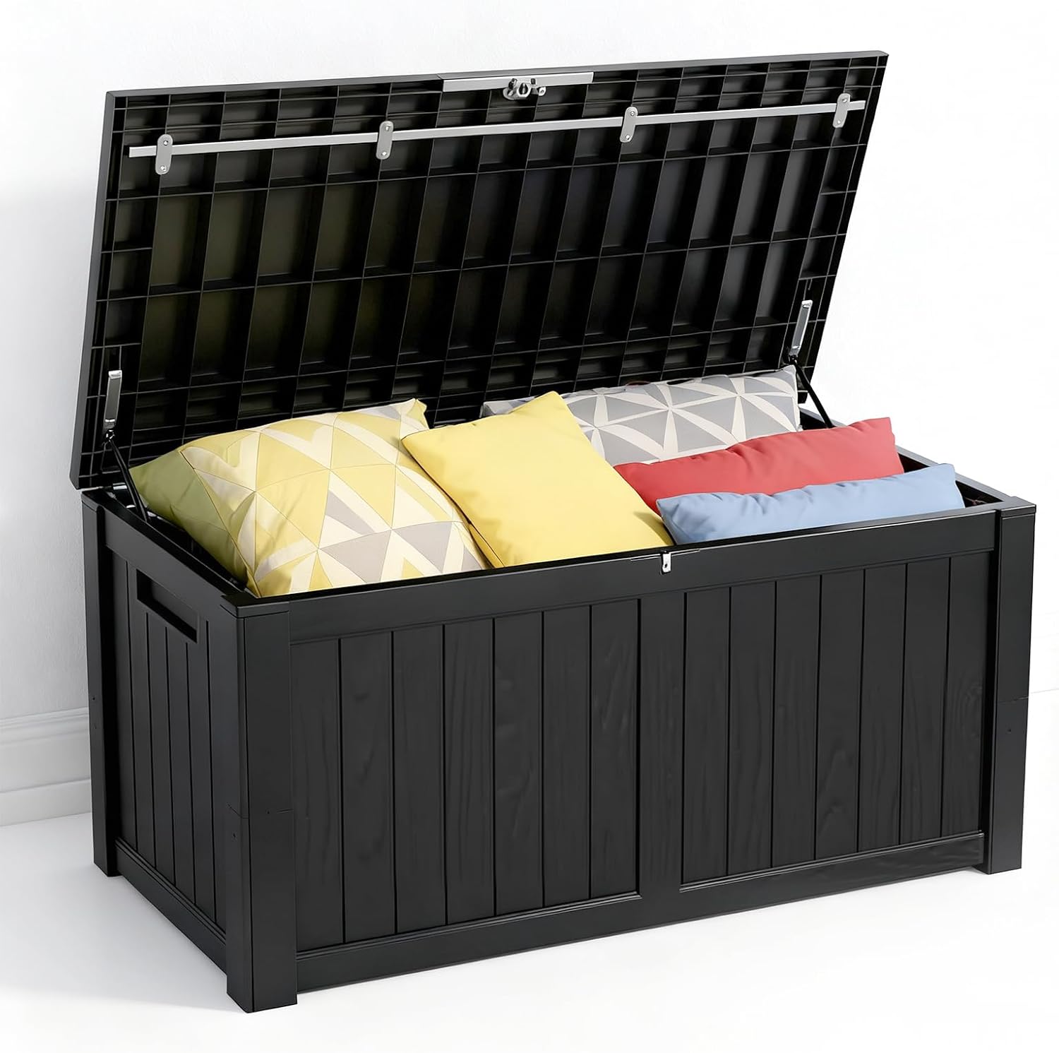 Zapdos Outdoor Storage Box, 120 Gallon Deck Box with Stainless Steel Rods, Waterproof Large Resin Storage Bin for Patio Cushions Garden Tools, Lockable Outside Storage Box, Black