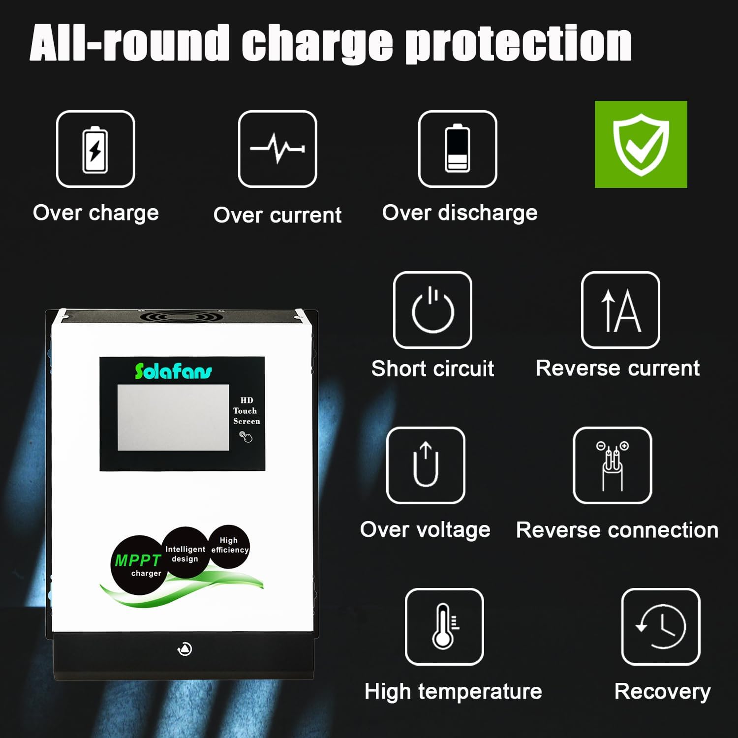 48V 70A HD Touch Screen MPPT Solar Controller 3840W PV DC150V 12V/24V/36V Bluetooth Battery Reactivation with Multi-Language