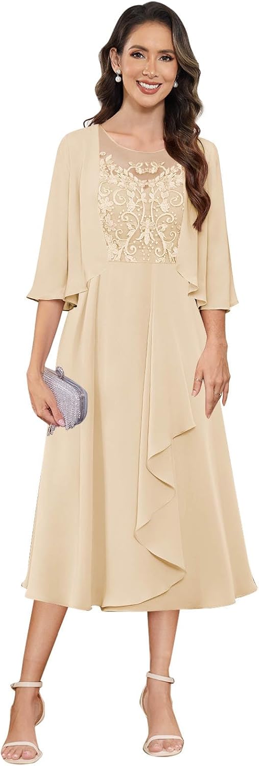 2 Piece Mother of The Bride Dresses Tea Length Chiffon Formal Mother of The Groom Dress with Jacket