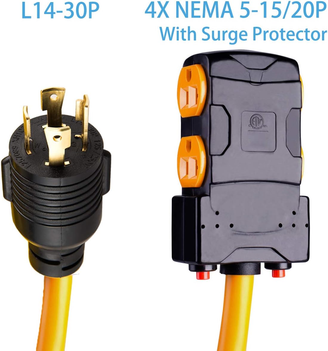 25Ft Generator Cord with Surge Protector Breaker,Heavy Duty Generator Locking Cord,NEMA L14-30P/Four 5-20R,4 Prong 10 Gauge Flexible Cable,Power Extension Cord, 30Amp 7500 Watts