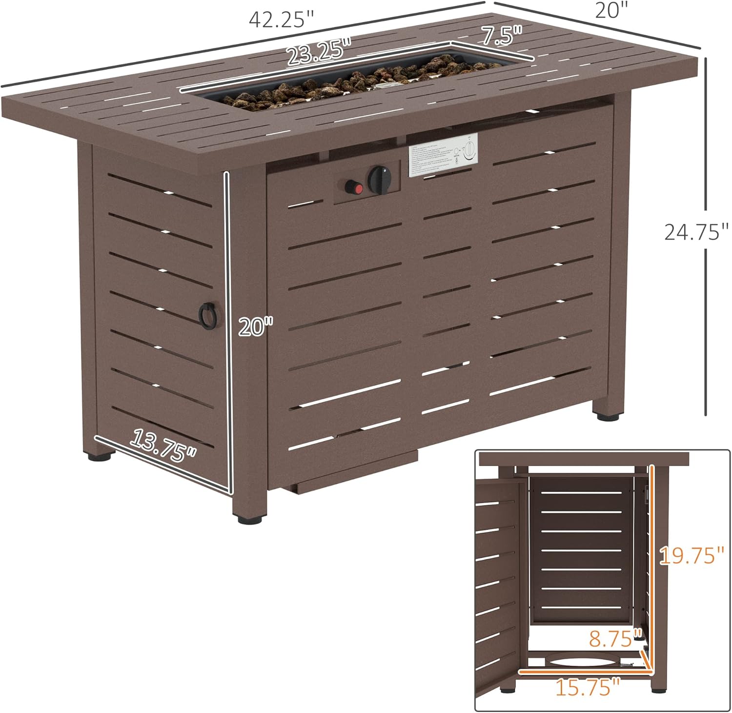 42 Inch Outdoor Propane Gas Fire Pit Table, 50,000 BTU Auto Ignition Rectangular Gas Firepit with Slat Tabletop, Lid, Lava Rocks, Rain Cover, CSA Certification, Brown