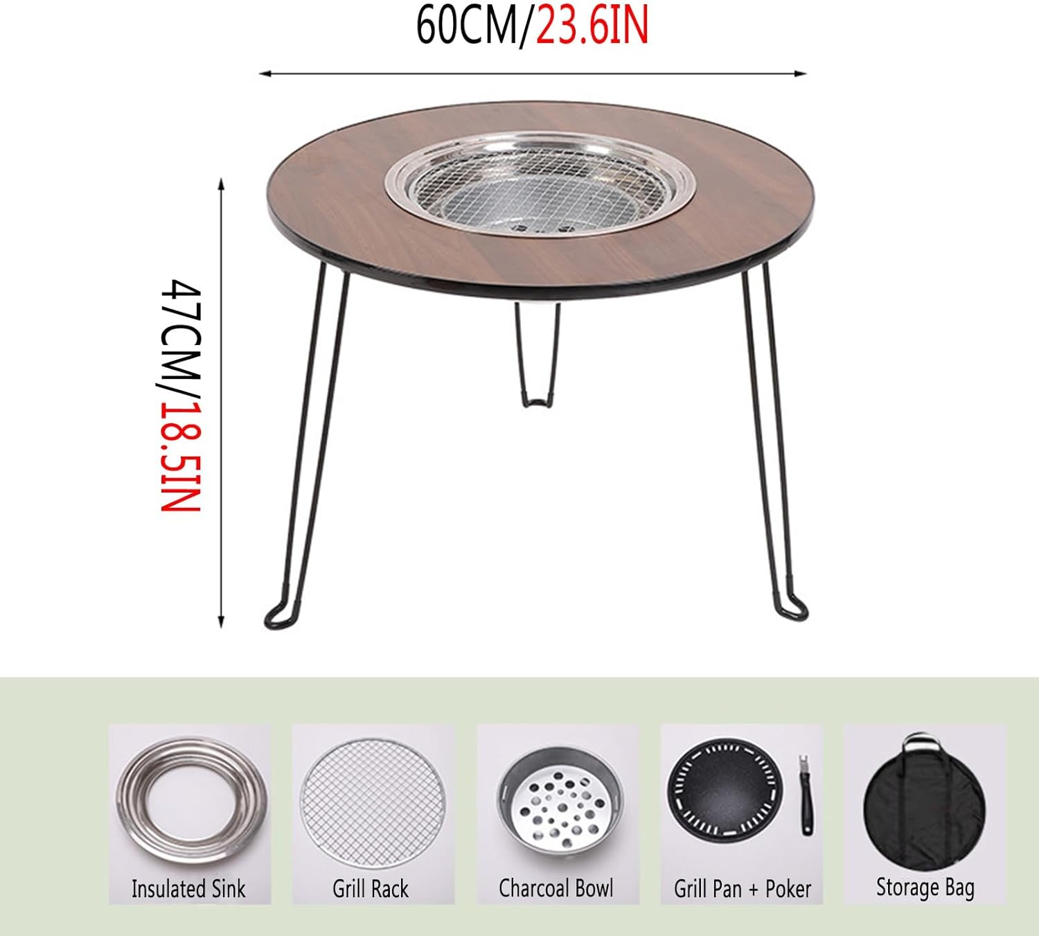 Multifunctional Fire Pit Table, Portable & Folding BBQ& Outdoor Wood Burning Firepit with Cooking Grate and Fire Tongs for Camping, Bonfire & Outdoor Heating