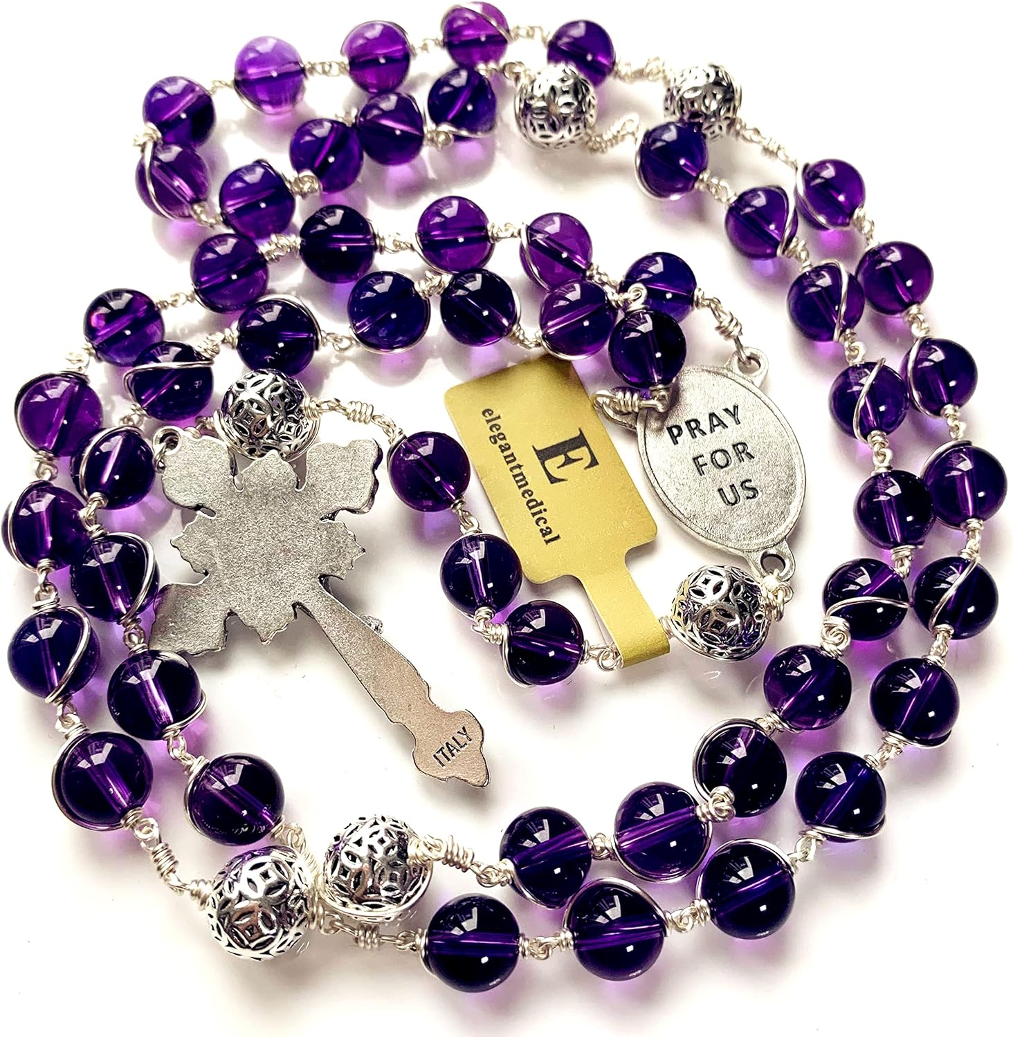 elegantmedical HANDMADE Bali 925 Sterling Silver Beads Purple Amethyst Catholic necklace Wire Wrap Rosary Cross