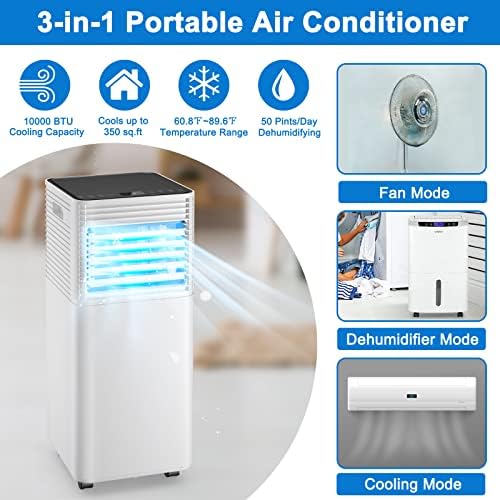 Portable Air Conditioner, 10,000 BTU AC Unit with Dehumidifier, Fan & Sleep Mode, Air Cooler w/2 Wind Speeds & 24H Timer, Touch Panel & Remote Control, Includes Exhaust Hose/Window Kit