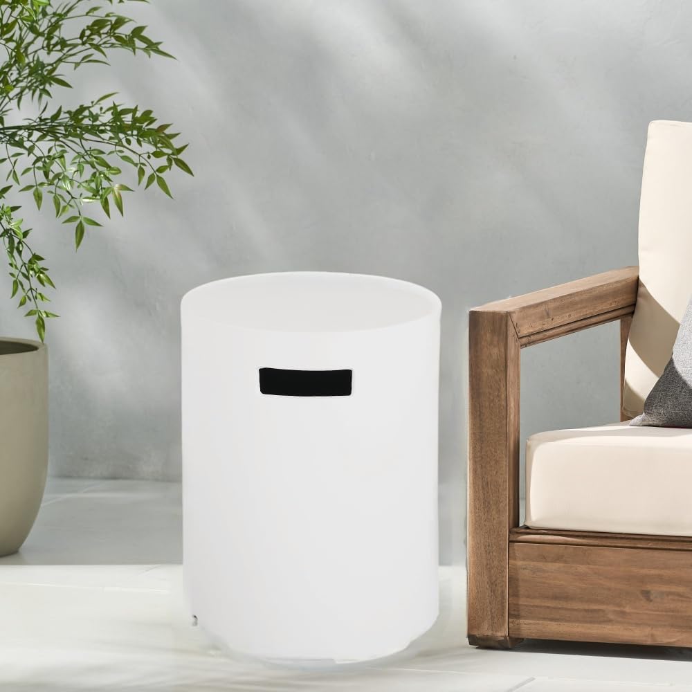 Outdoor Fire Pit Propane Tank Holder Table, White Lightweight Magnesium Oxide Side Table, Multi-Functional Round Design for Patio, Garden, Balcony, No Assembly Required