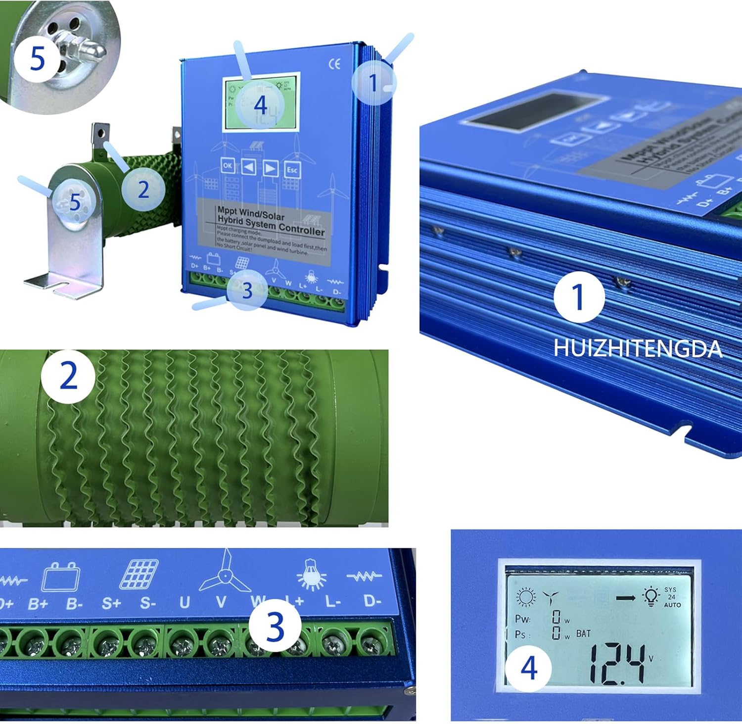 1400W MPPT Wind Solar Hybrid Charge Controller for 1000W Wind Turbine and 400W Solar Panels( 12V/24V/48V),24v