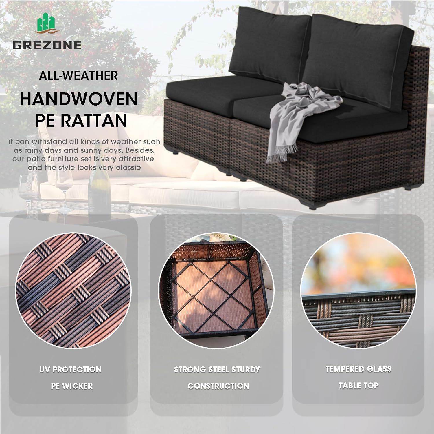 Grezone Outdoor Patio Furniture Set with Fire Pit Table, 13 Pieces Outdoor Furniture Set Patio Sectional Sofa w/42in Propane Fire Pit, PE Wicker Rattan Patio Conversation Sets - Black