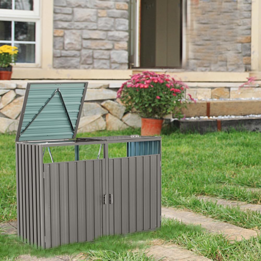 Metal Garbage Bin Shed for Outdoor Use - Durable Galvanized Steel Storage Cover for Garden, Yard, or Lawn with Ventilated Design (Grey + 2 Doors)