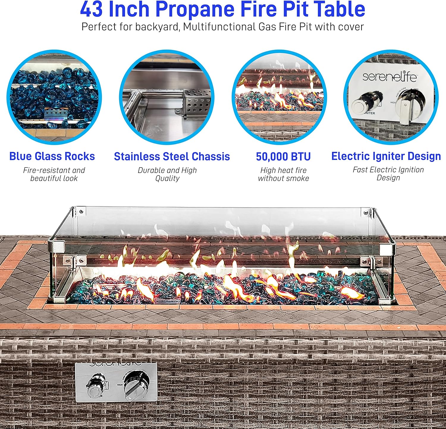 SerenelifeHome Outdoor Propane Fire Pit Table- 50,000 BTU Auto-Ignition Gas Fire Pit w/Glass Wind Guard, Mosaic Tabletop with PE Rattan Base