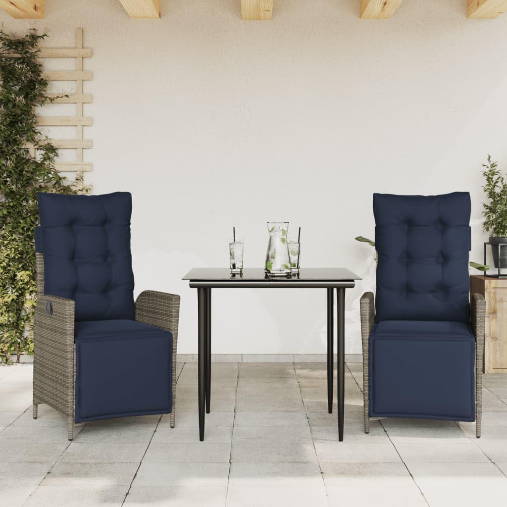 3 Piece Patio Dining Set with Cushions Gray Poly Rattan,Outdoor Rattan Garden Set with Reclining Chairs and Glass Table for Patio and Garden Furniture Sets for Patio, Lawn & Garden