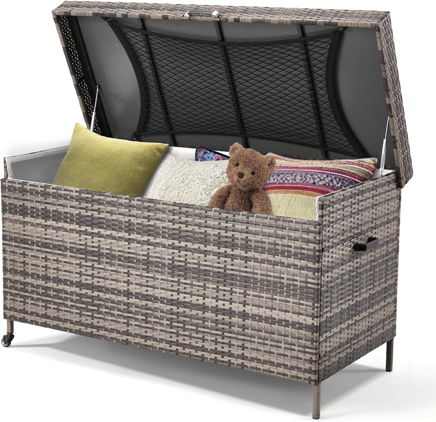 AVAWING 240 Gallon Wicker Deck Box, Outdoor Storage Box with Portable Wheels and Handles, Patio Rattan Container for Garden, Balcony, Yard (Grey)