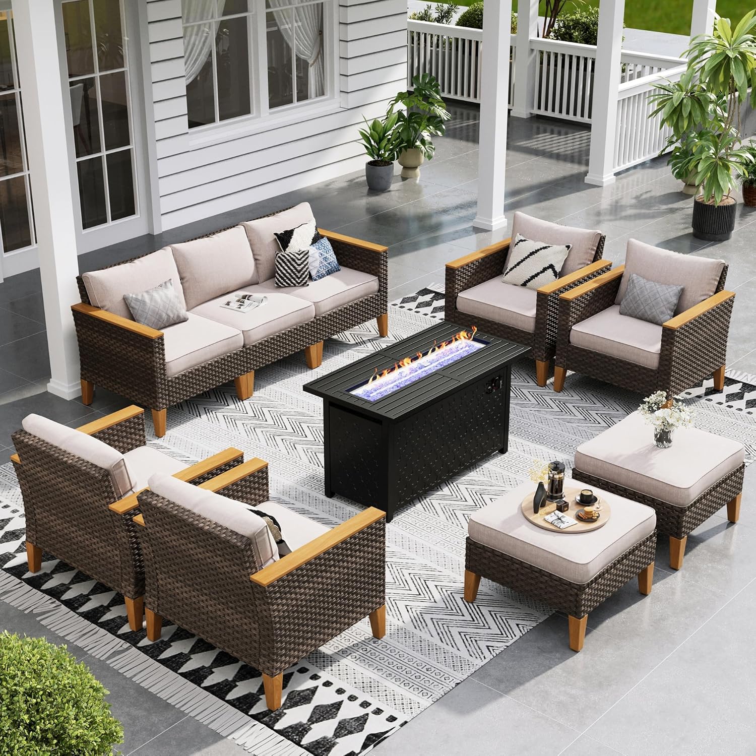 Sophia & William Oversized Patio Furniture Set with Fire Pit Table, Outdoor Wicker Rattan Sectional Sofa 8 Piece Patio Conversation Set for Deck, Backyard, Porch, Outside(45-Inch Fire Pit,Beige)