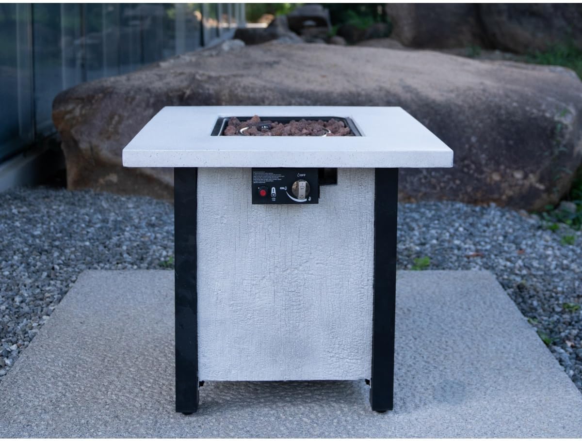 28-inch Square Propane Fire Pit Table, 50,000 BTU Outdoor Patio Heater with Realistic Charcoal Texture & Cover, Creamy White CSA Certified Gas Fire Pit for Garden