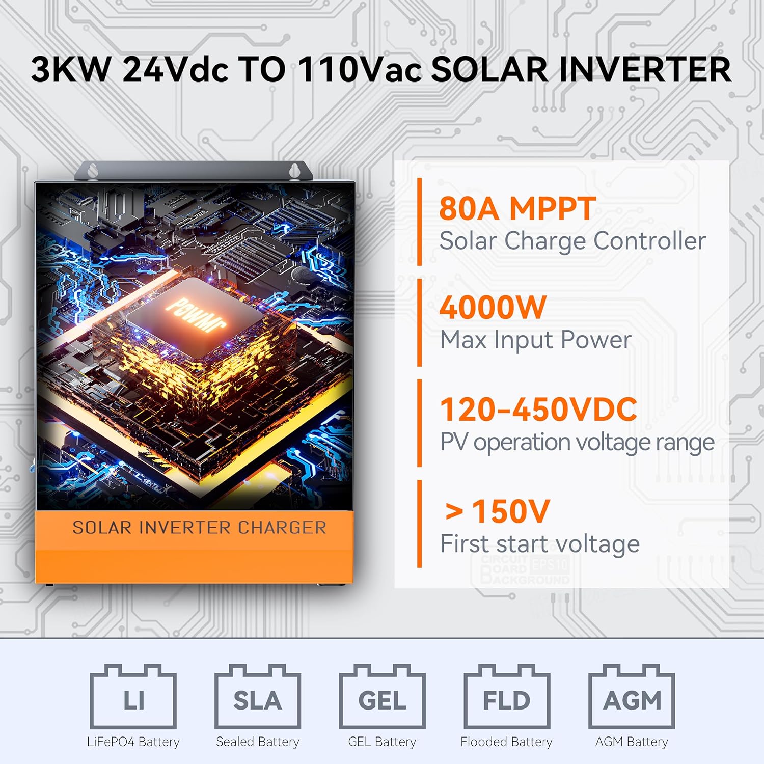 PowMr Solar Hybrid Inverter 3000W 24VDC to 110VAC, 3KW Off-Grid Hybrid Inverter with 80A MPPT Charge Controller, for 24V Lead-Acid and Lithium Battery