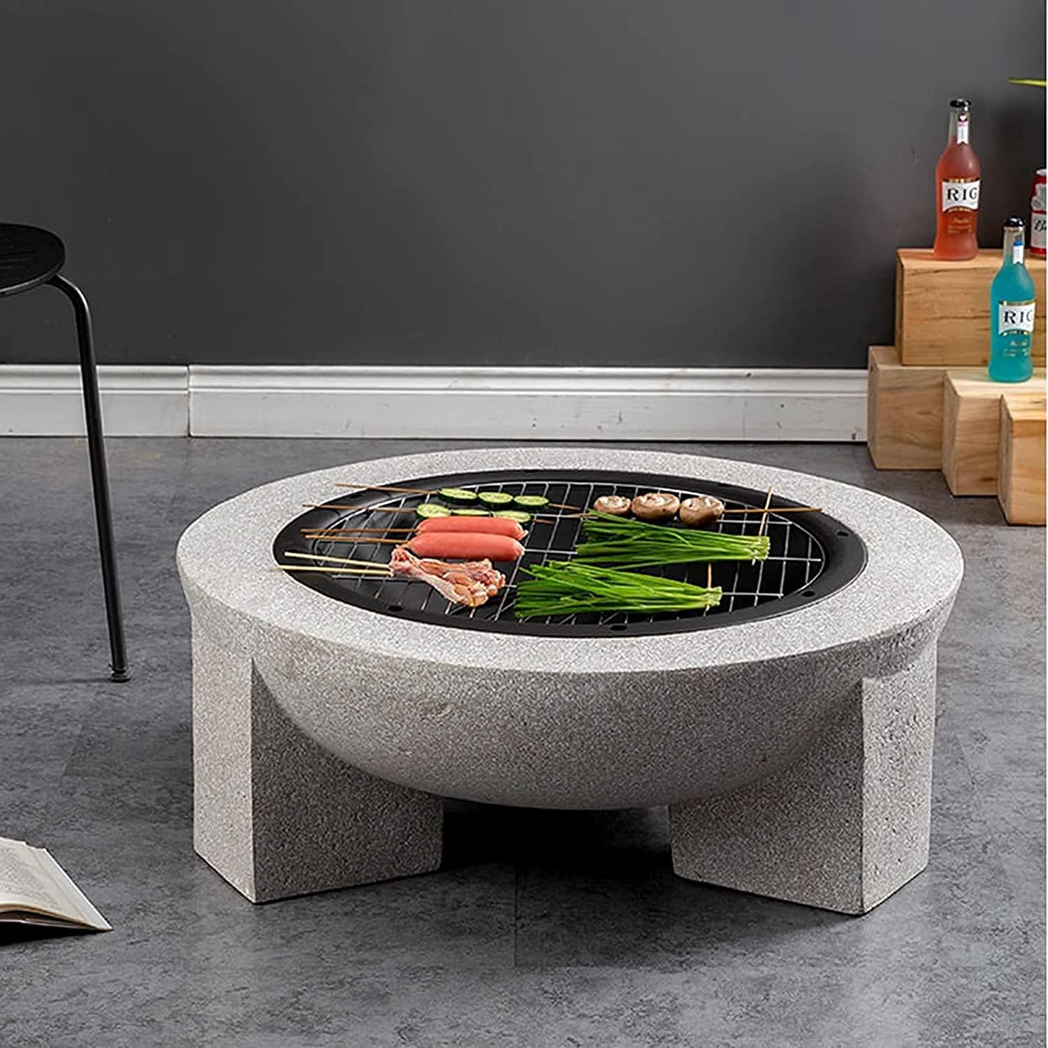 Garden Fire Pit, Magnesium Oxide Base, Oor Circular Firepit Semi-Circular Charcoal and Wood Grill, Used in Outdoor Terrace Garden Backyard, Diameter 75CM