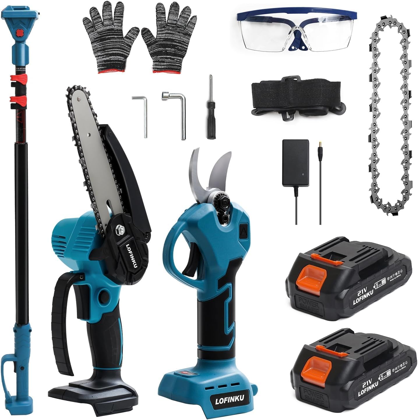 Electric Pruner Kit, 3 in 1, Max 8 ft, 2 Pcs Batteries, 6 inches cordless chainsaw & electric pruning shears with Max 8 ft Extension Pole, SK5 Blades