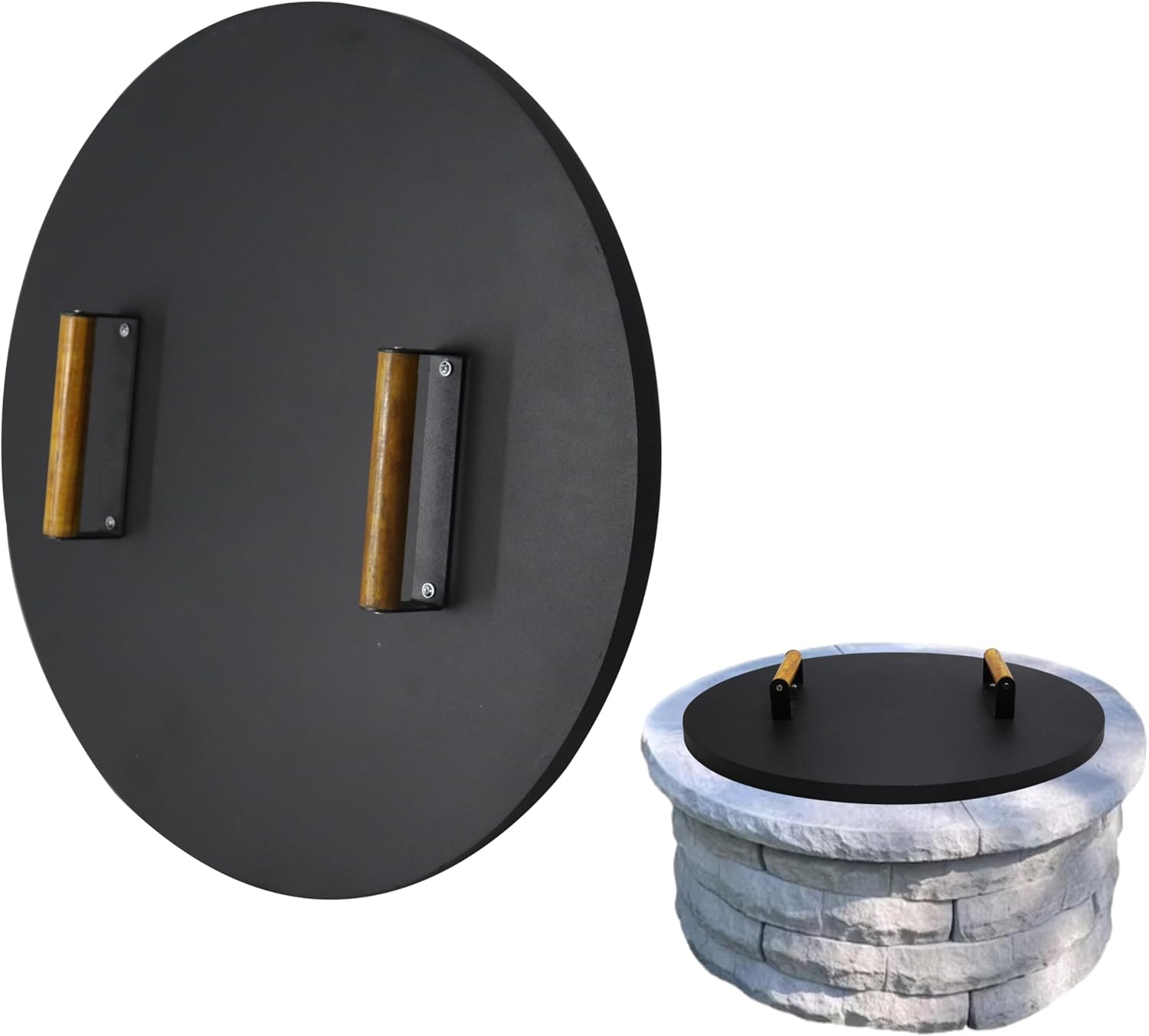 22” firepit lid Round for Inside up to 20” Gas fire Pit lid for Outdoor Fireplace Cover Lid Steel fire Pit Metal Cover W/ 2 Wooden Handles & Heat Resistant Snuffer Lid for Round Patio Fire Pit Ring