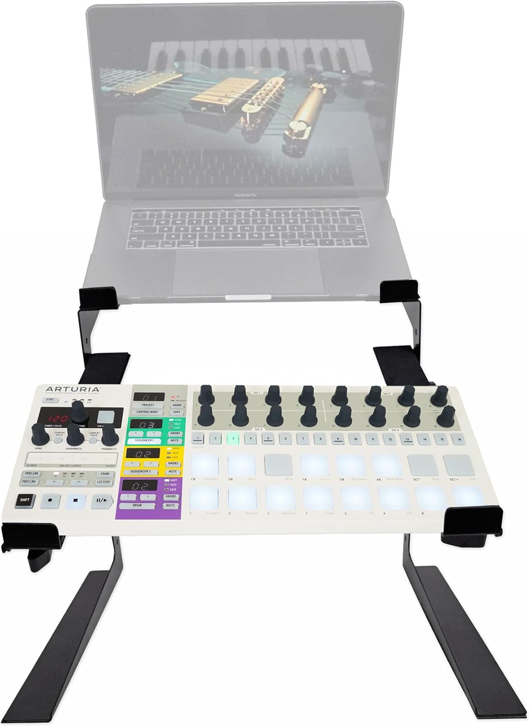Audiosavings Bundle: Arturia BeatStep Pro 64-Step Sequencer Midi USB DJ Recording Pad Controller Bundle with Rockville Rock2d2 Adjustable Dual Shelf DJ Controller Midi Keyboard Laptop Stand (2 Items)
