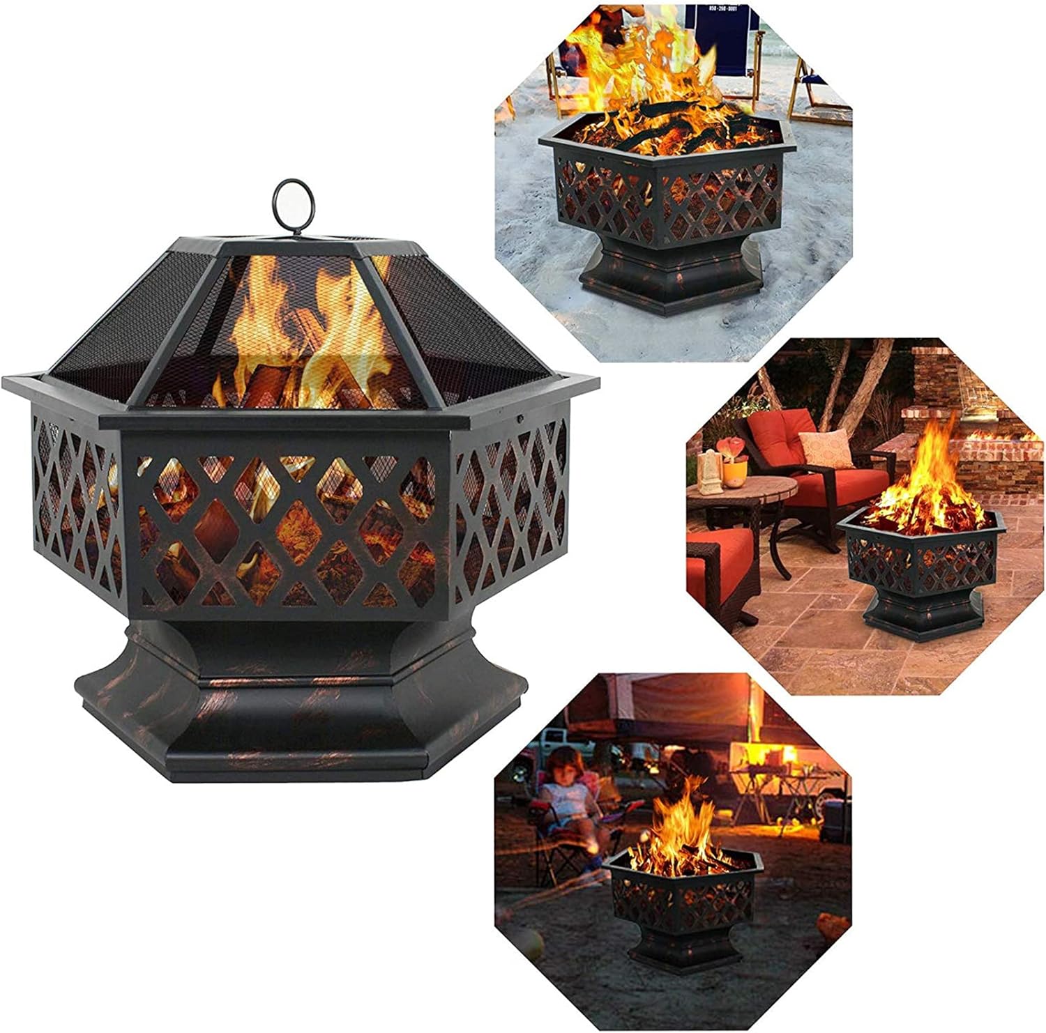 Fire Pit Hex-Shaped Fire Pit, Outdoor Wood Burning Fire Pits & Bowls, Patio Heater 360° Heating Basin