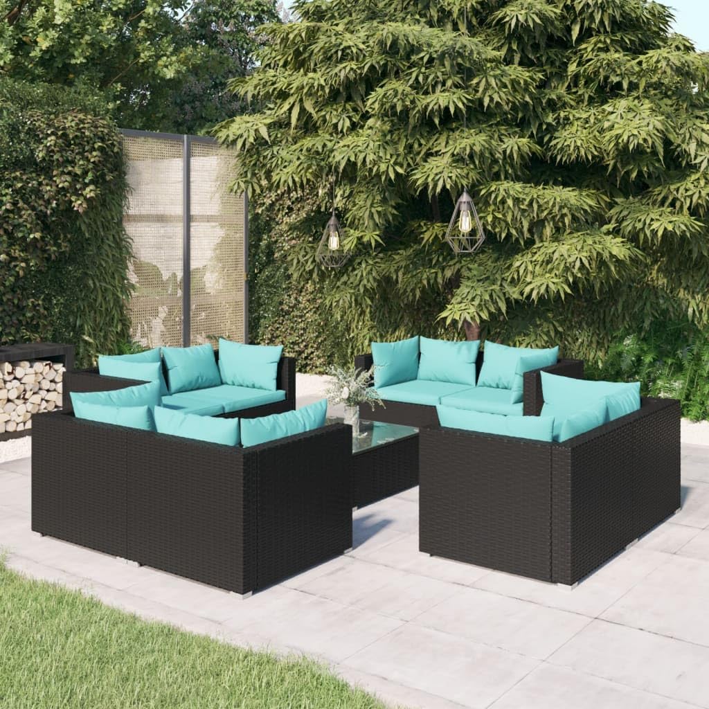 9 Piece Patio Lounge Set with Cushions Poly Rattan Black,Modular Poly Rattan Patio Lounge Set with Comfortable Cushions for Outdoor Living Patio Furniture Sets, Outdoor Furniture Sets