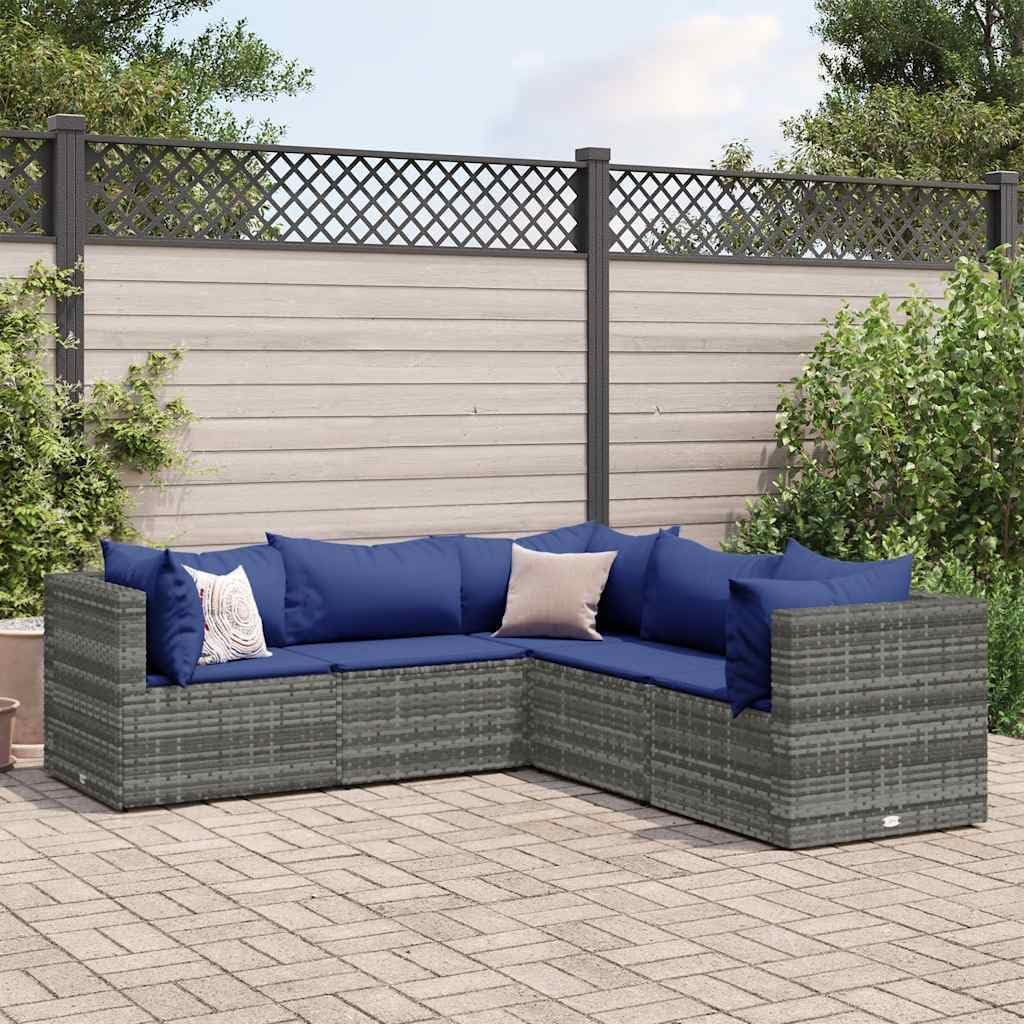 5-Piece Patio Lounge Set, Grey Synthetic Poly Rattan Outdoor Furniture with Cushions, Modular Garden Seating for Balcony, Terrace, Backyard Relaxation