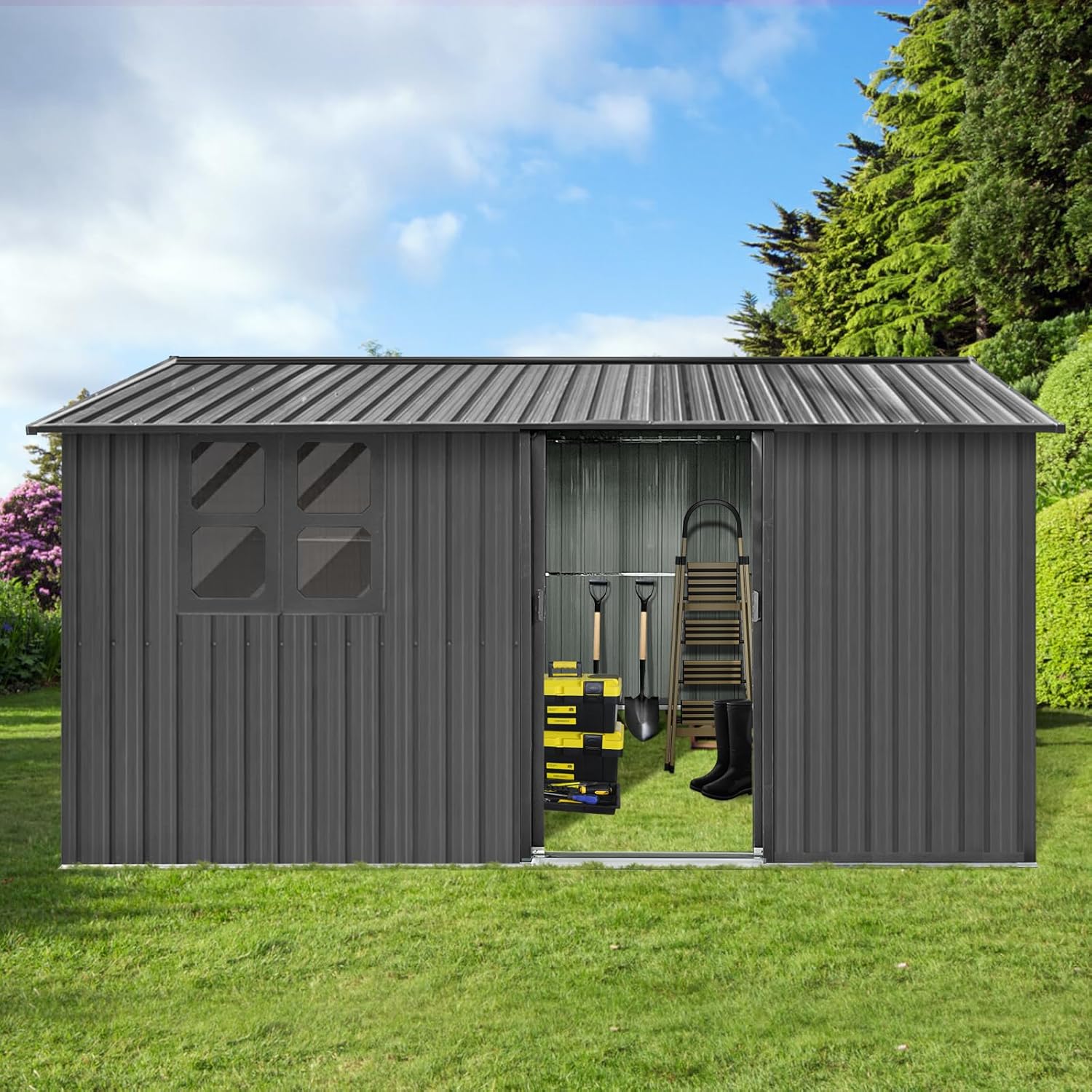 10ft x 12ft Metal Storage Shed - Outdoor Garden Shed with Sliding Door and Window, Large Bike Storage Container House, Sheds Outdoor Storage Solutions
