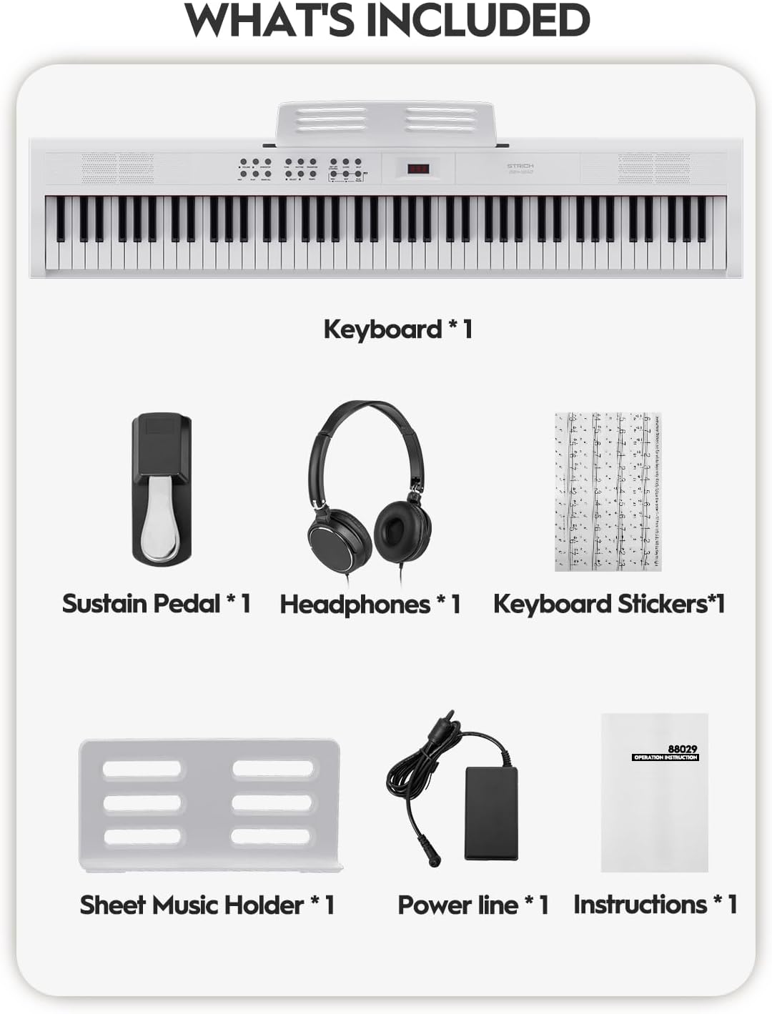 STRICH 88 Key Digital Piano Full Size Electric Keyboard with Semi-Weighted Sensitive Keys, Portable Electric Piano Set, Bundle with Sustain Pedal, Headphones, Music Rest, White, SEP-150S