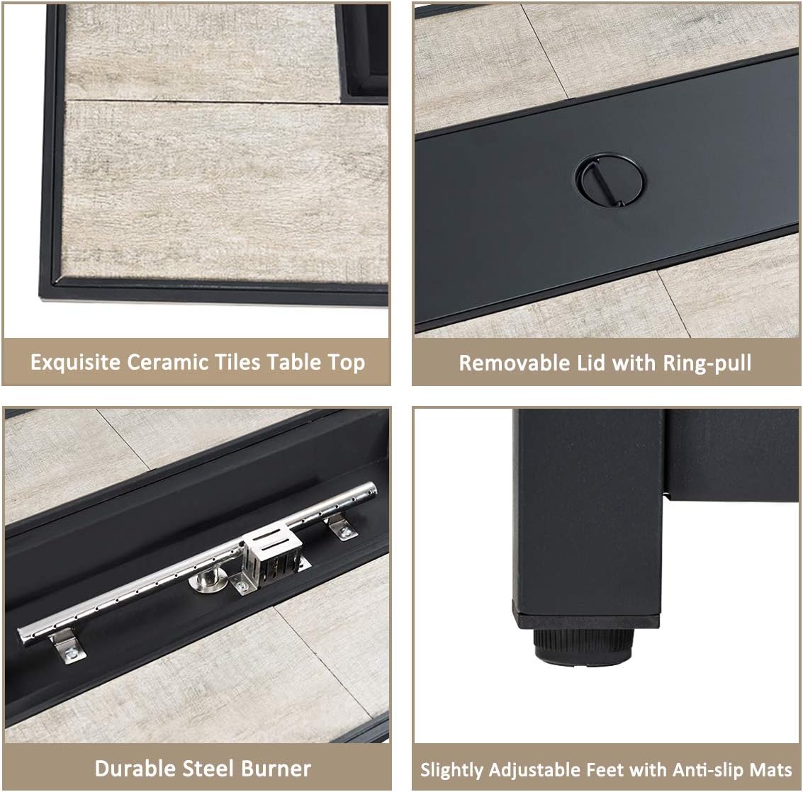 42-Inch Fire Table Outdoor, 60,000 BTU Propane Gas Fire Pit Table with Ceramic Tiles Tabletop, Lid, Lava Rock, Electric Igniter & Hideaway Tank Holder, Fire Pit for Outside, Garden(Black)