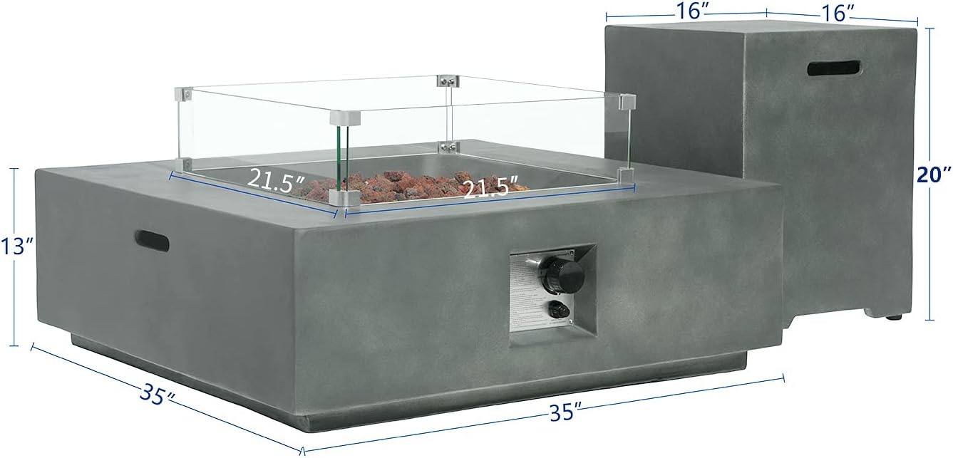 SUNBURY Outdoor Propane Fire Pit, Square Dark Green Gas Fire Pit 50,000 BTU, Fire Pit Table w 20 Gallon Tank Cover, Glass Wind Guard, Waterproof Cover, Without Fire Glass