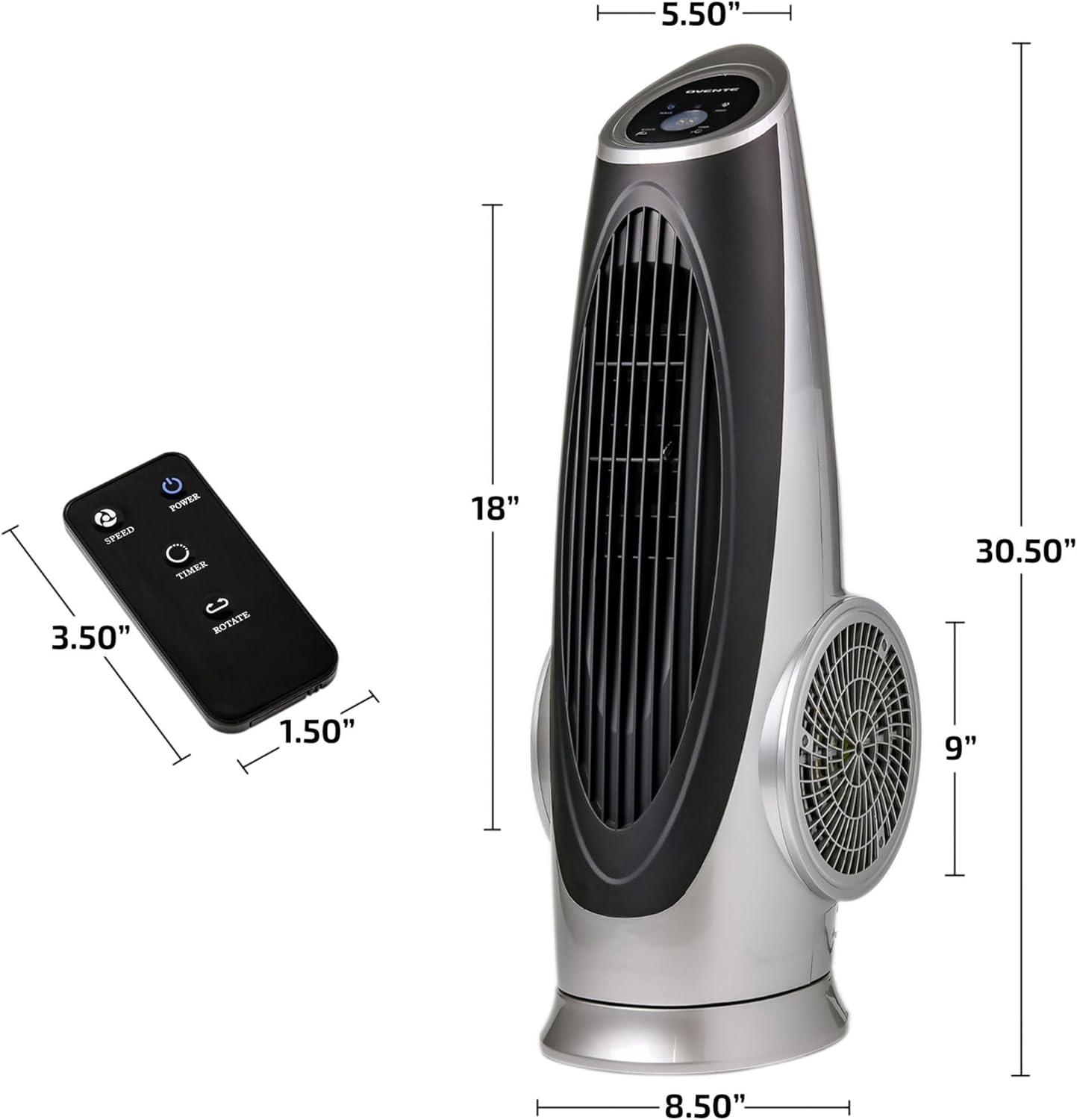 OVENTE Oscillating Tower Fan with Remote Control, 3-Speed LCD Panel & 8H Timer, 30.5