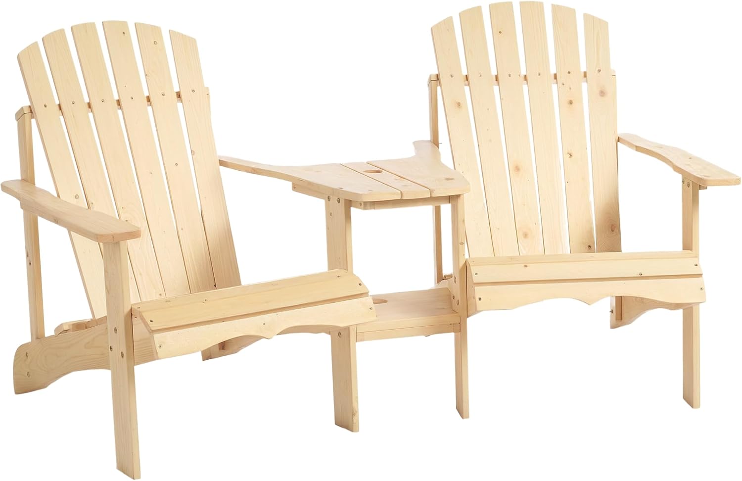 Outsunny Wooden Adirondack Chairs for Two People, Outdoor Fire Pit Chair with Table & Umbrella Hole, Patio Chair for Deck Lawn Pool Backyard, Natural