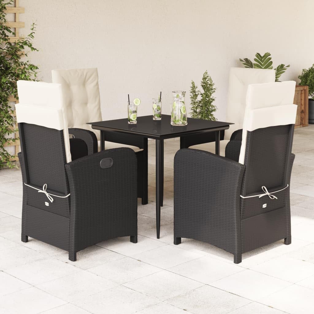 5 Piece Patio Dining Set with Cushions Black Poly Rattan,Reclining Garden Dining Set: Adjustable Chairs and Durable Glass Top Table Patio Furniture Sets, Outdoor Furniture Sets