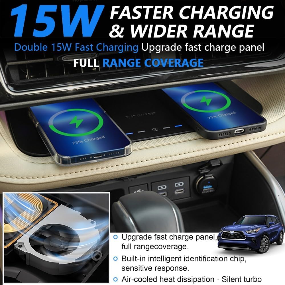 2023 Upgrades Wireless Car Charger for Toyota Highlander Accessories 2023 2022 2021 2020, OEM Style Phone Dual Charging Pad for Toyota Highlander L/LE/XLE/XSE/Limited/Platinum Car Interior