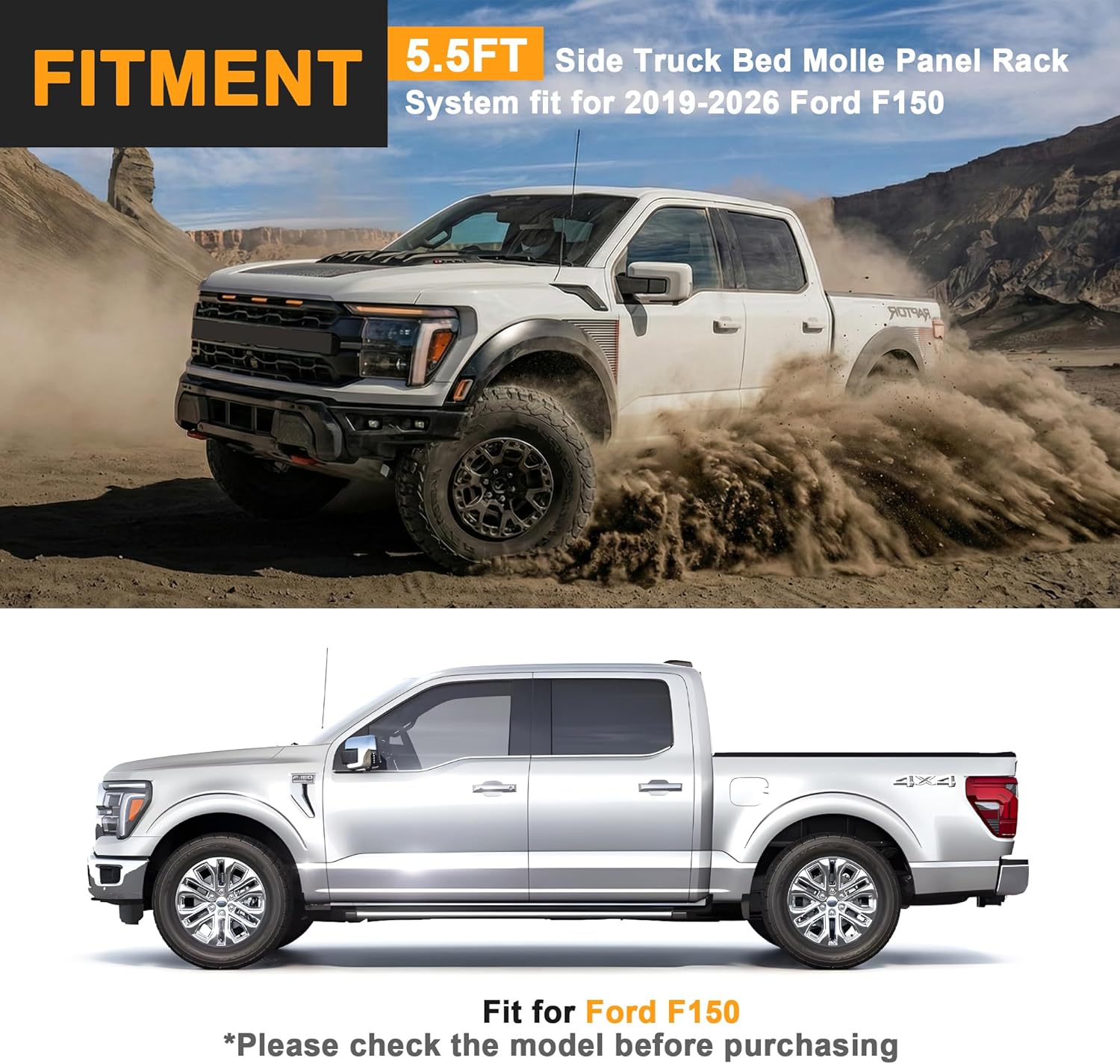 Side Truck Bed Molle Panel Rack System Compatible with 2019-2026 Ford F150 Only 5.5ft Bed Accessories, Truck Storage Organizer Tools Rack, Rear Cargo Shelf Replacement, Truck Bed Organizer & Storage