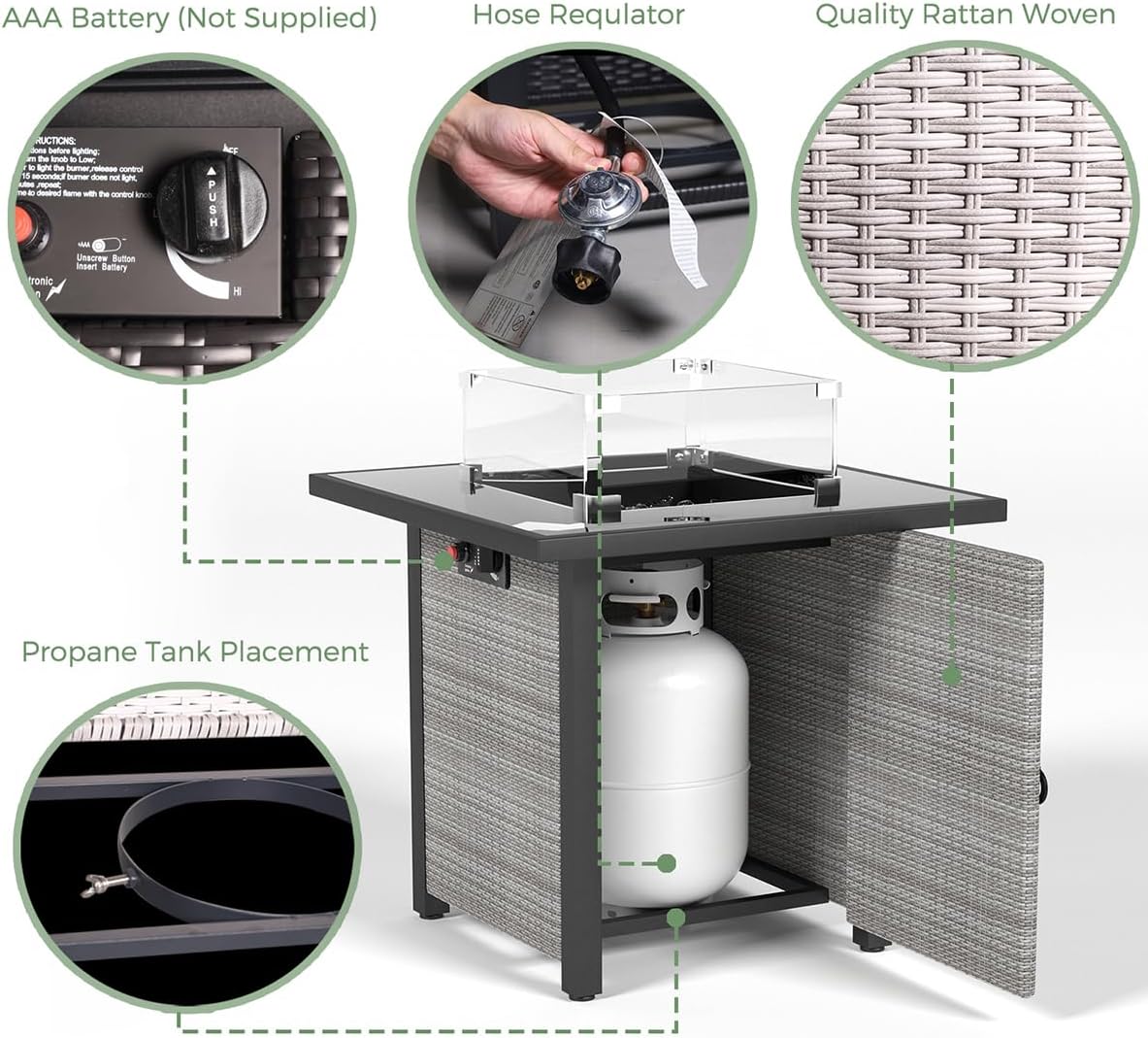 28 Inch Propane Fire Pit Table, Rattan Wicker Look, 50000 BTU Gas Firepits Tempered Glass Tabletop with Glass Windscreen Protector for Outside Patio and Garden(Grey+White)