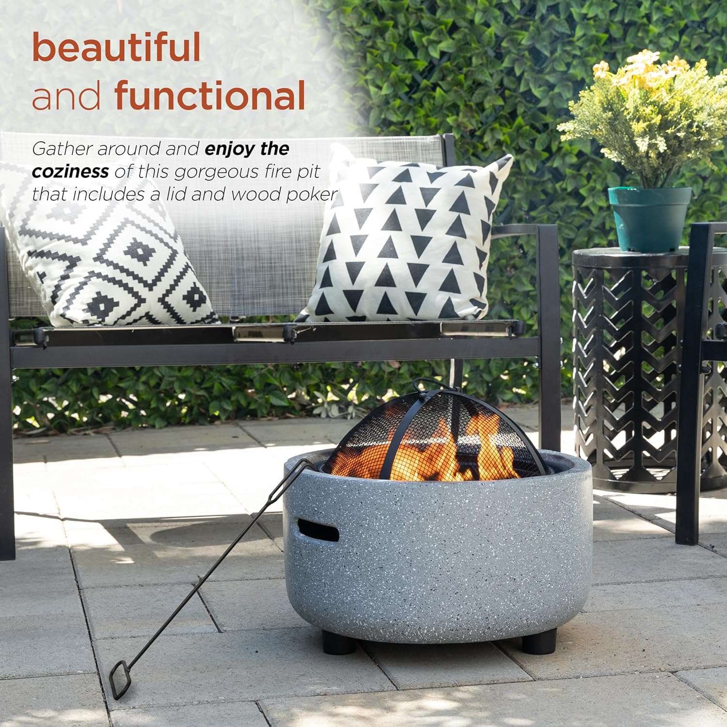 Alpine Corporation QFC334 Contemporary Gray Woodburning Firepit with Lid & Wood Poker, Decor for Patio & Deck, 16