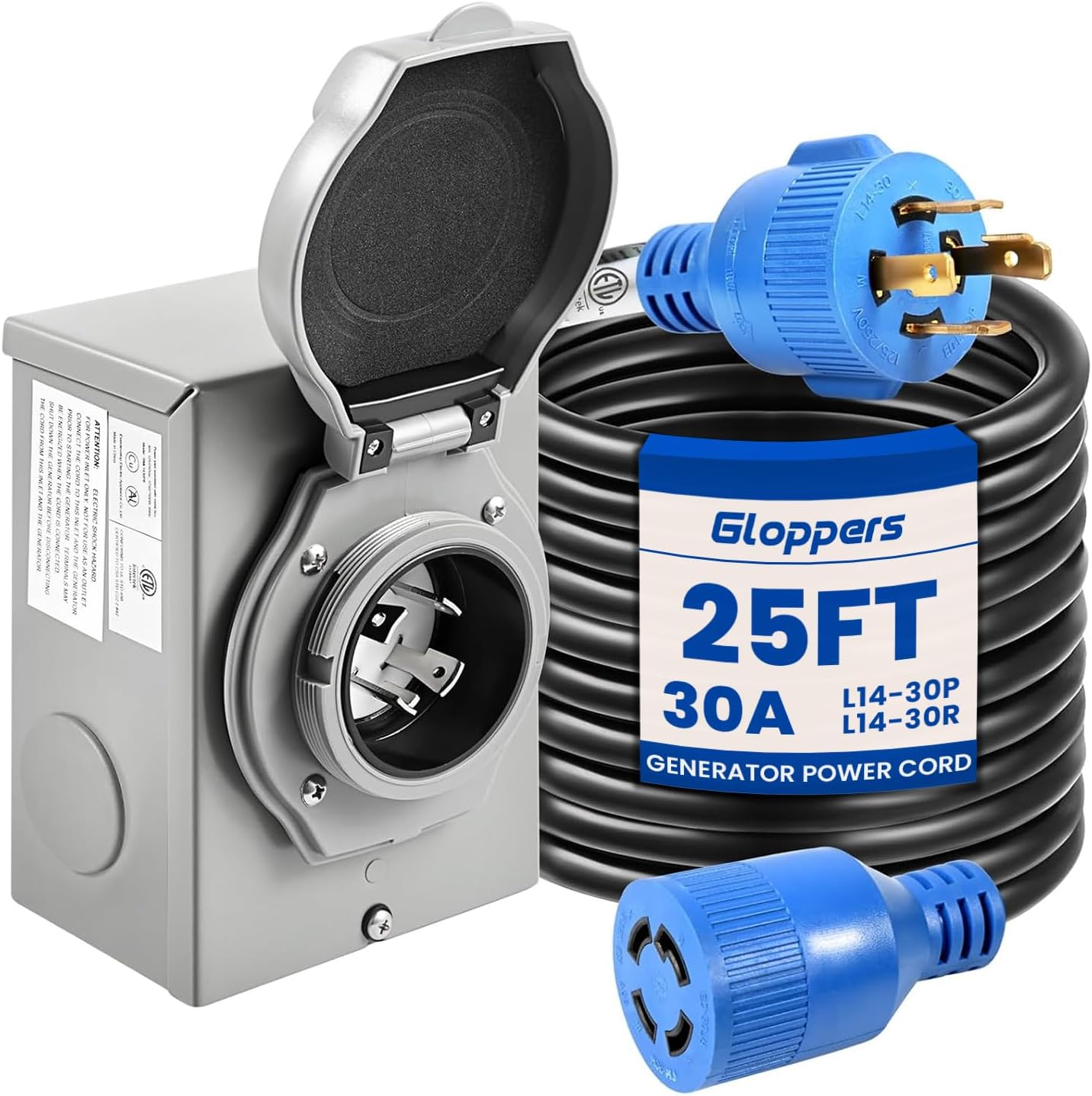 30 Amp Generator Cord and Power Inlet Box, 25FT Generator Cords 30 Amp,125V/250V Generator Power Cord NEMA L14-30P to L14-30R,Twist Lock Connector