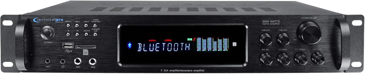 Technical Pro 3500 Watts Digital Hybrid Amplifier, Preamp/Tuner with USB SD Card Inputs, FM Radio, Recorder, Bluetooth, & Remote Control