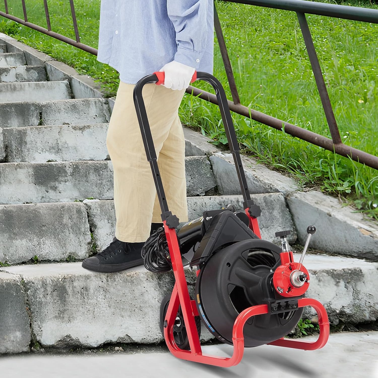 Drain Cleaner Machine - 100Ft x 3/8 Inch, Auto-feed Electric Drain Auger for Plumbing with 6 Cutters, Glove, Commercial sewer snake Drill Drain Auger Cleaner for 2‘’- 4‘’(50-100mm) Pipes